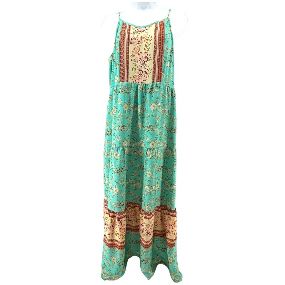 Womens Boho Floral Maxi Dress Long XL Green Tiered Cottagecore Summer Flowy
